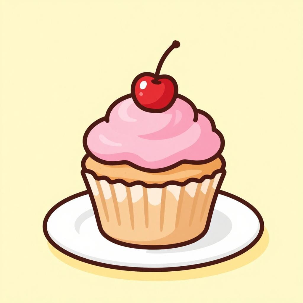 Un singolo cupcake splendidamente decorato con una glassa rosa a spirale e una ciliegia rossa in cima, seduto su un piccolo piatto bianco.