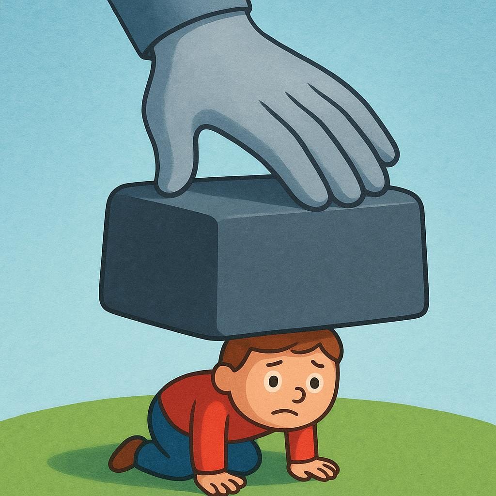 A small, slightly squashed figure being firmly pressed down by a large, heavy, stylized grey block or official weight from above, symbolizing force or requirement.