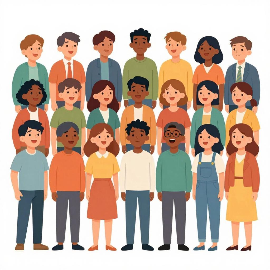 Un gruppo di persone in piedi insieme con la bocca aperta come se cantassero in un coro.