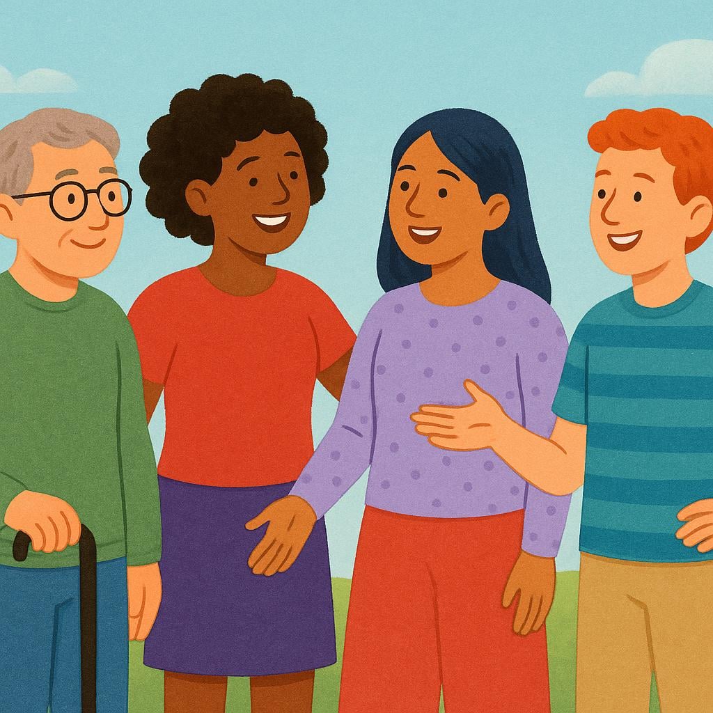 A simple illustration depicting a group of four diverse people standing together, smiling and engaged in friendly conversation, representing social interaction.