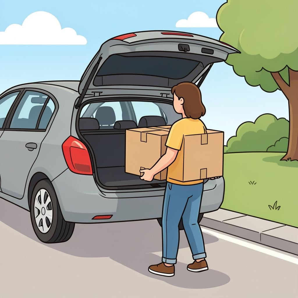 A person holding two large boxes and walking towards an open car trunk.