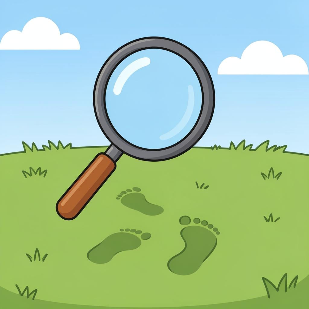 A person looking through a magnifying glass at a set of footprints in the grass.