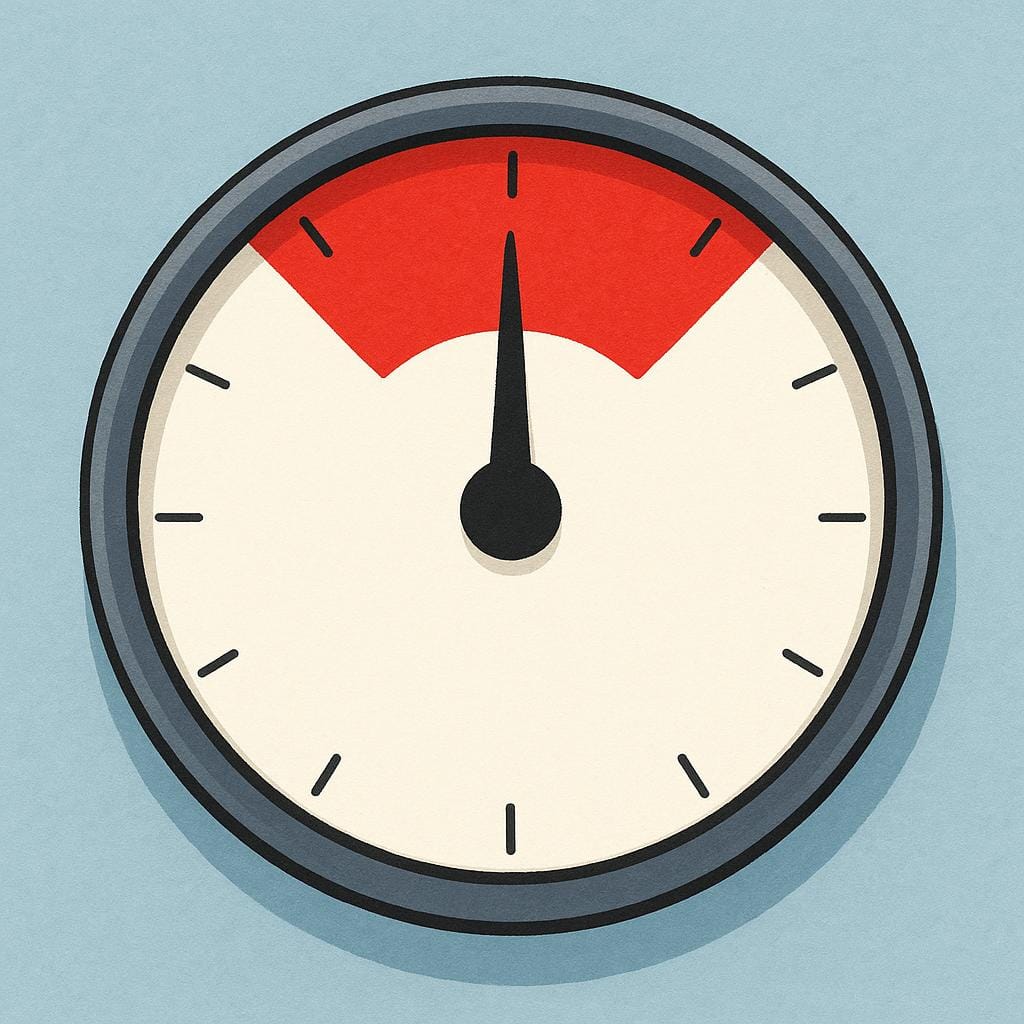 A simple, round instrument dial with a thick black needle pointing firmly toward the top of a red zone, indicating a measured reading.