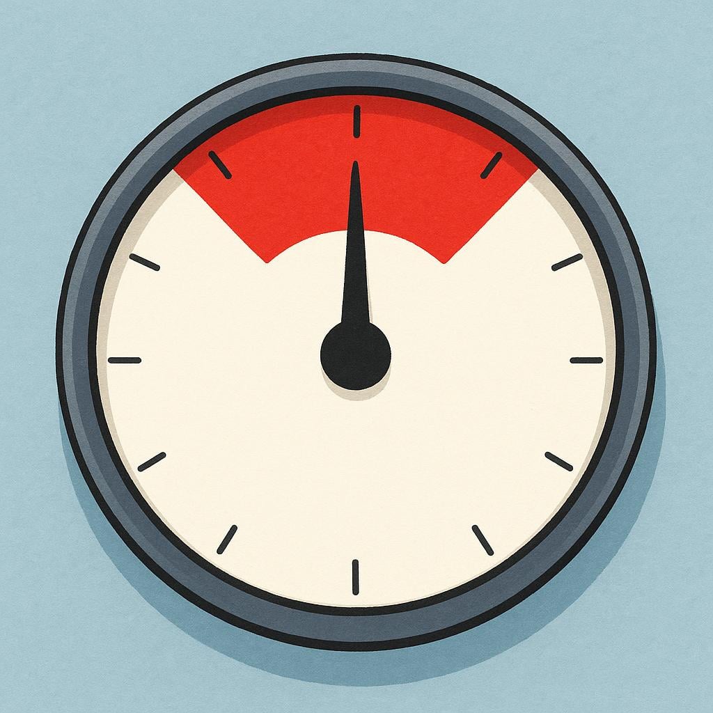 A simple, round instrument dial with a thick black needle pointing firmly toward the top of a red zone, indicating a measured reading.