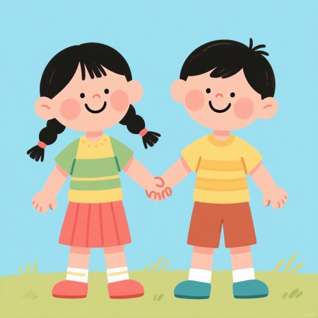 2人並んで手を繋いでいる、笑顔の双子の子供たちの高品質なイラスト。「両方」を意味することを示している。
