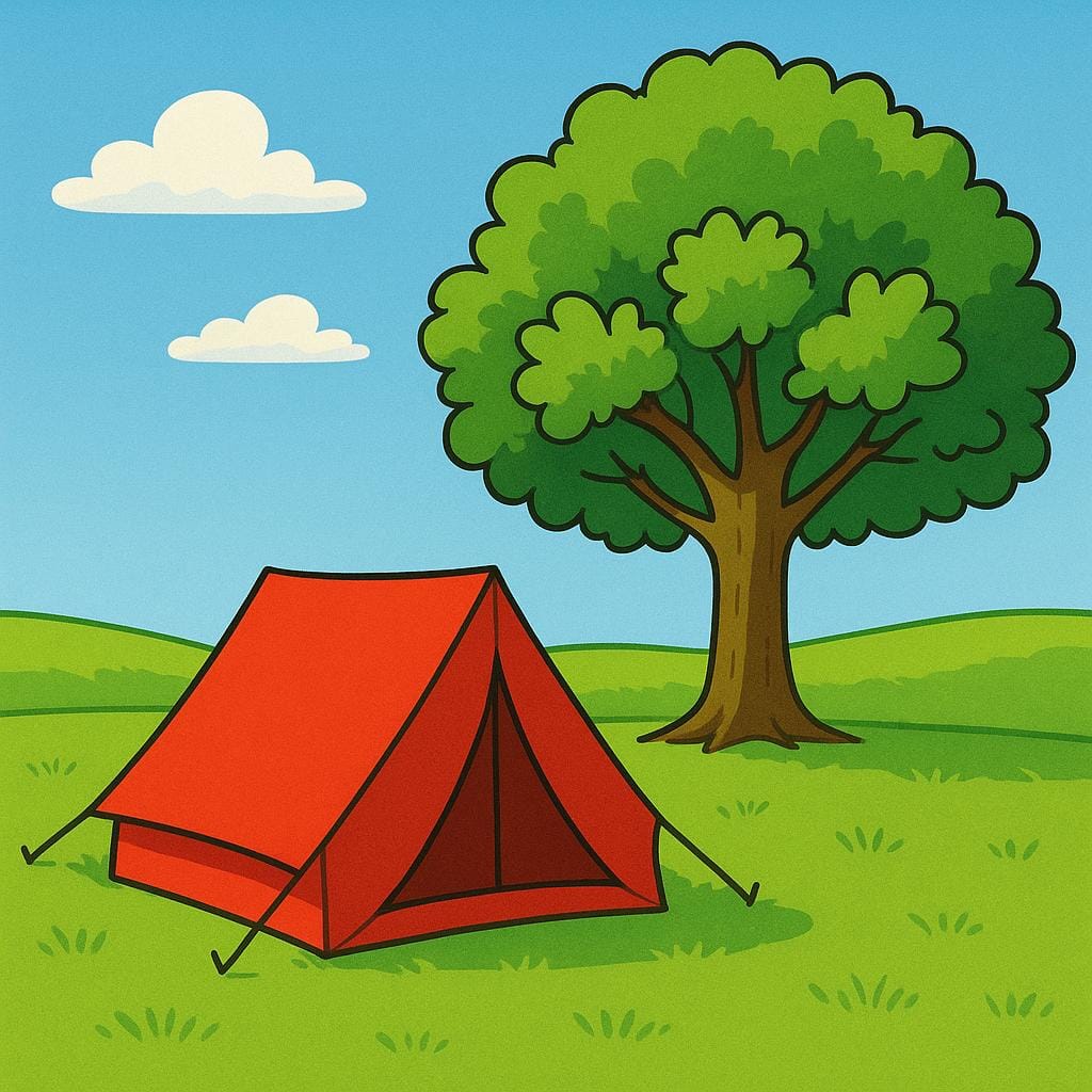 Uma tenda vermelha e amarela brilhante montada perfeitamente centrada ao lado de uma única e grande árvore de carvalho verde proeminente em um campo ensolarado, mostrando sua colocação precisa.