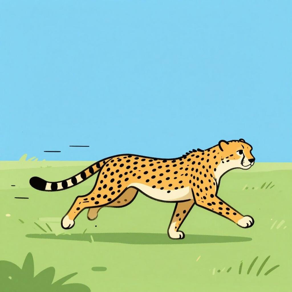 A colorful storybook illustration of a cheetah running very fast across a grassy plain, with motion lines trailing behind it.