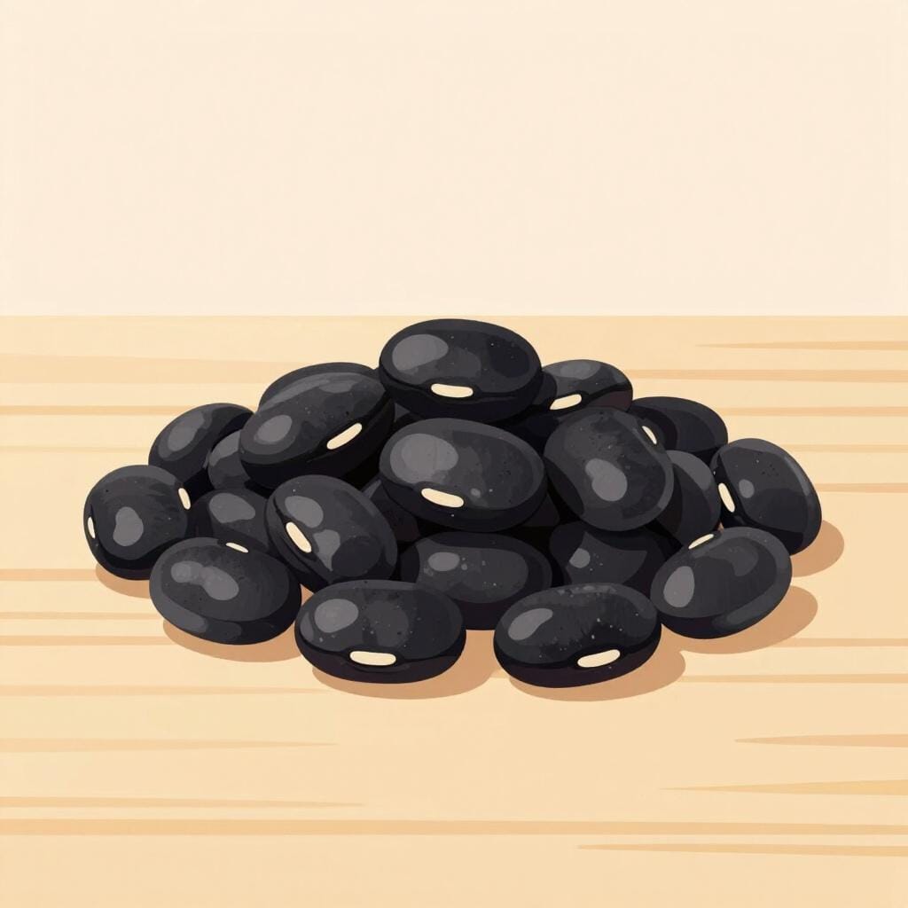 A small pile of dried, shiny black beans resting on a clean wooden surface.