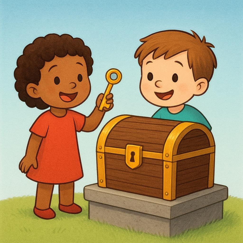 Two small, smiling children standing together, looking at a large, closed wooden treasure chest on a low pedestal. One child is holding a shiny golden key, symbolizing the potential to open the chest.