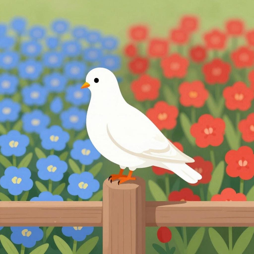 A white bird sitting calmly on a fence between two different colored fields.