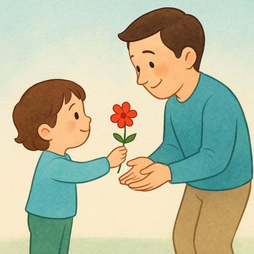 A small child, smiling brightly, presents a single red flower to an adult figure as a gesture of thanks.