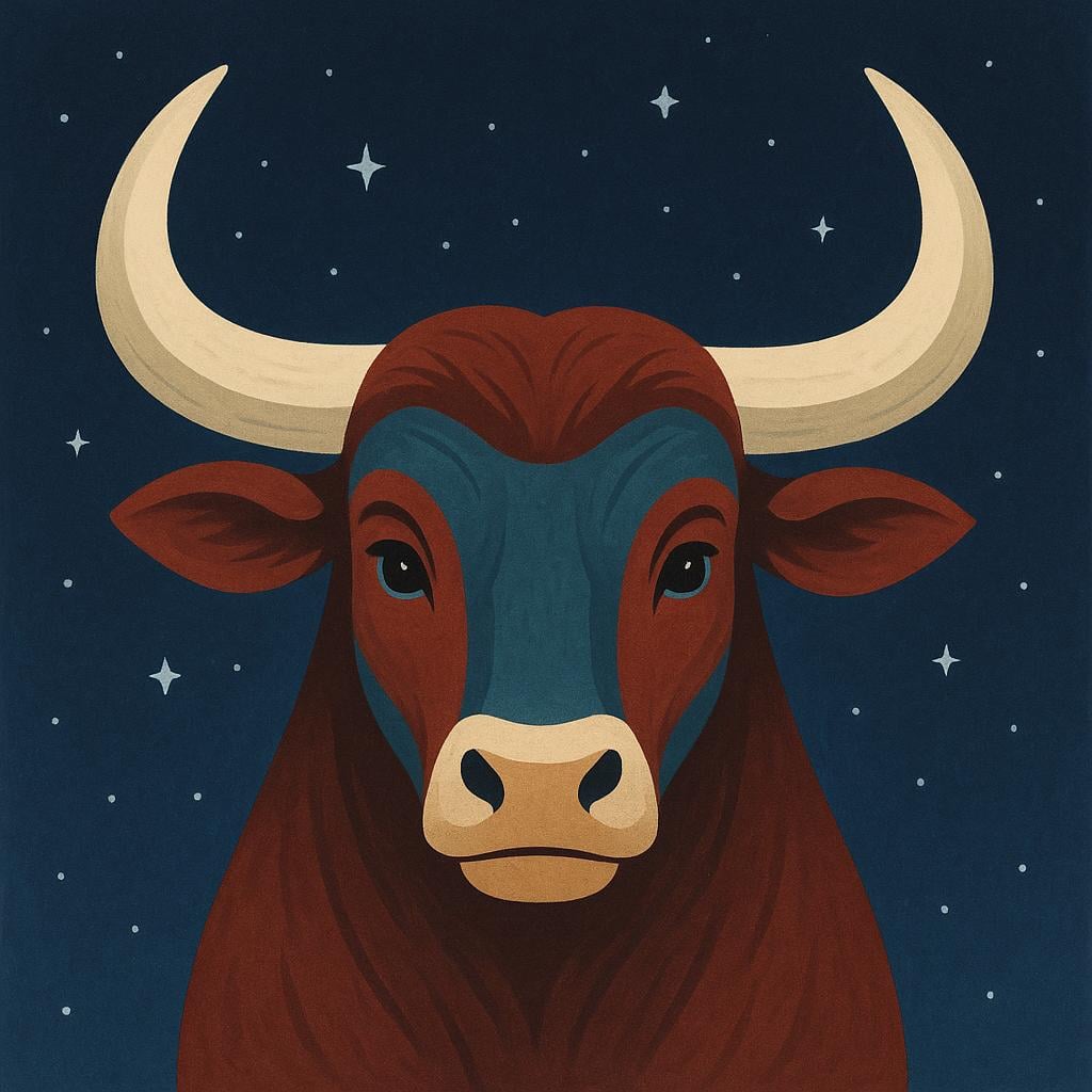 A stylized, majestic bull's head with prominent horns set against a dark blue background filled with simple white stars, representing the Taurus constellation.