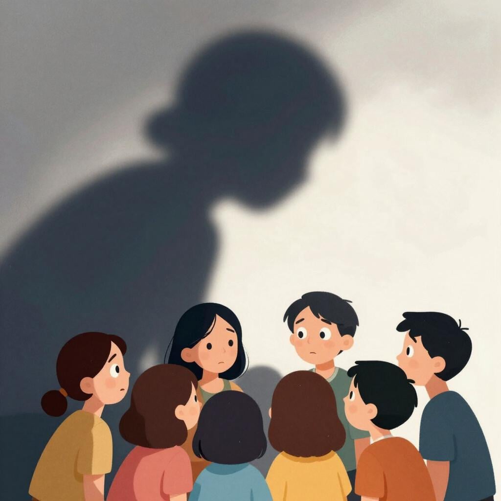 A group of people huddled together looking nervously at a large, dark shadow on the wall.