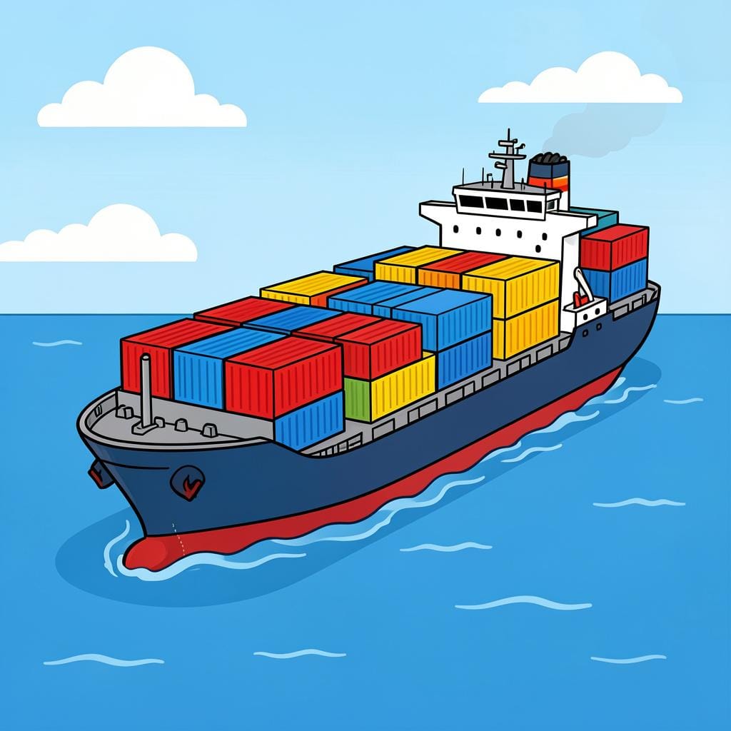 Um grande navio de carga transportando contêineres coloridos através do oceano.