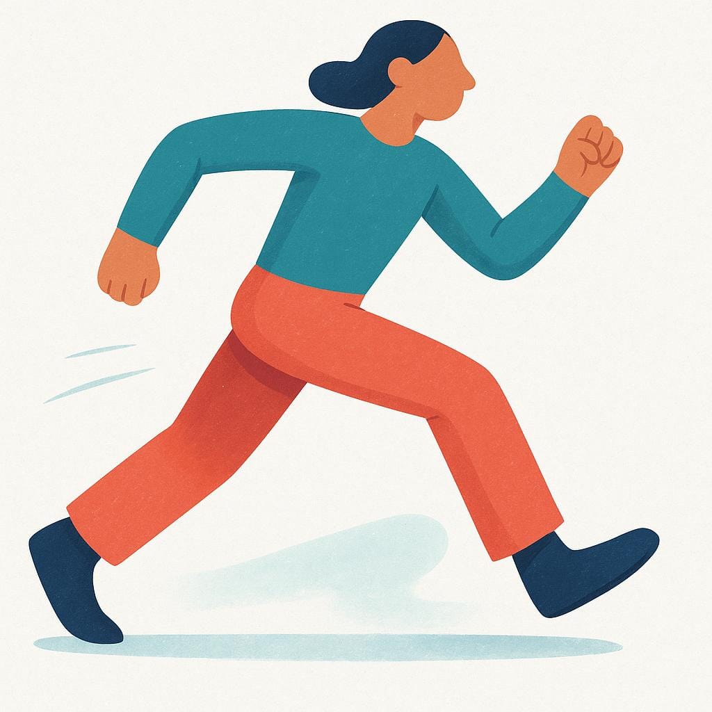 Die Beine und der Oberkörper einer Person, die mitten im Schritt gefangen sind und einen großen Schritt nach vorne machen, um ihre Position zu ändern.