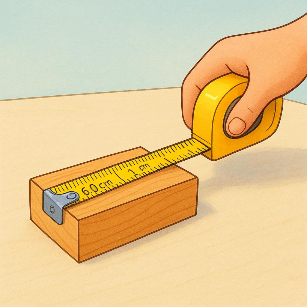 A hand holding a yellow tape measure stretched out next to a simple wooden block on a tabletop, indicating its length.