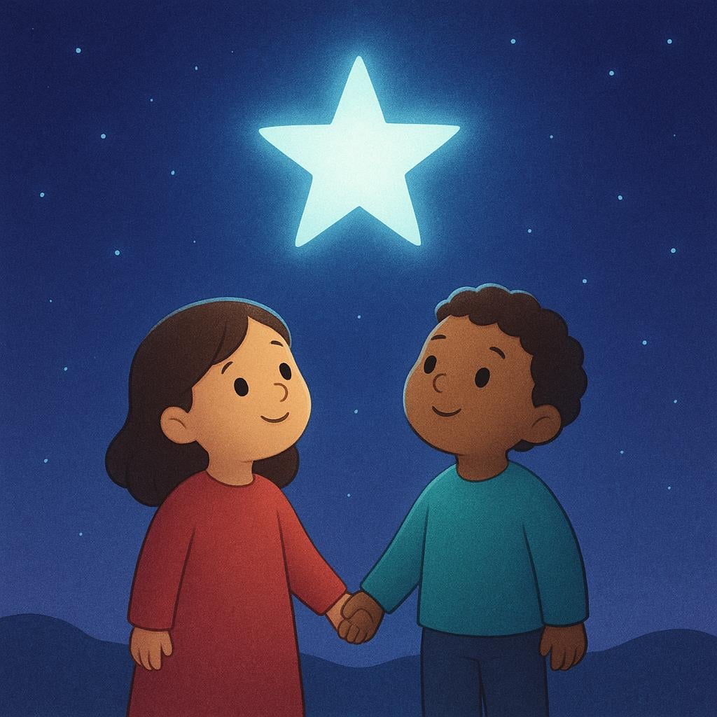 A simple storybook illustration of two friends holding hands and gazing up at a single, large, bright star in the night sky, symbolizing a shared hope or desired state.