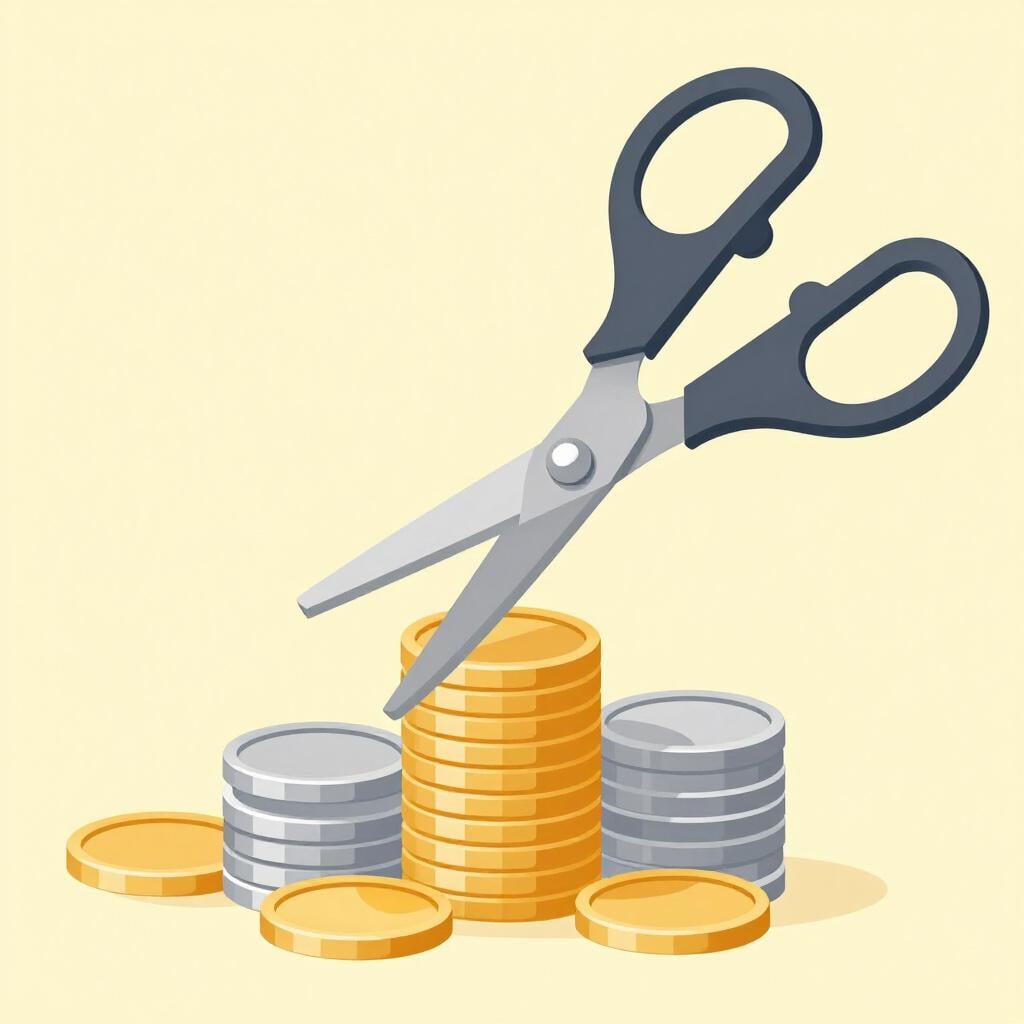 A pair of silver scissors cutting through a stack of colorful coins.