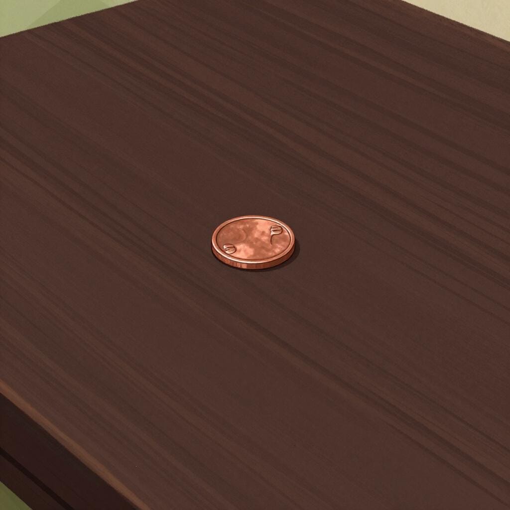 Una singola piccola moneta di rame che giace da sola su un grande tavolo di legno vuoto.