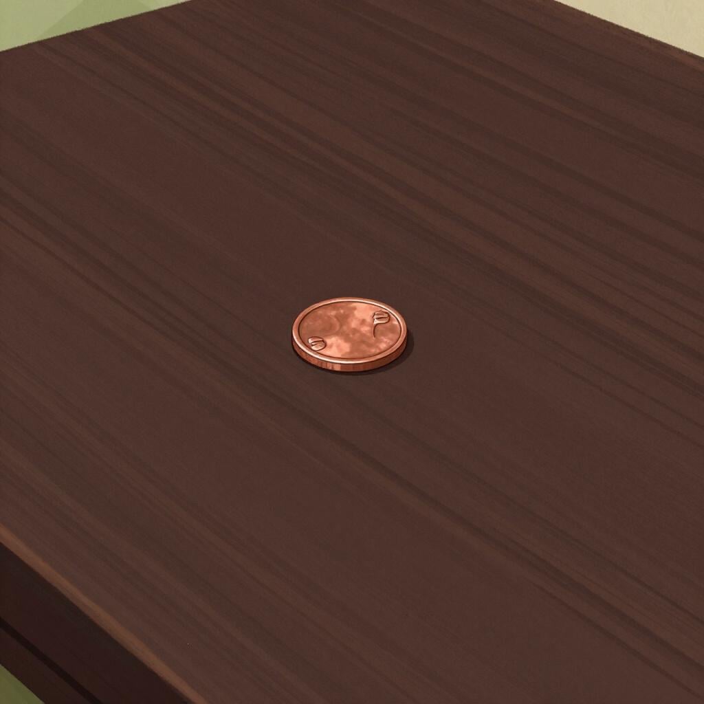 Eine einzelne winzige Kupfermünze liegt allein auf einem großen, leeren Holztisch.