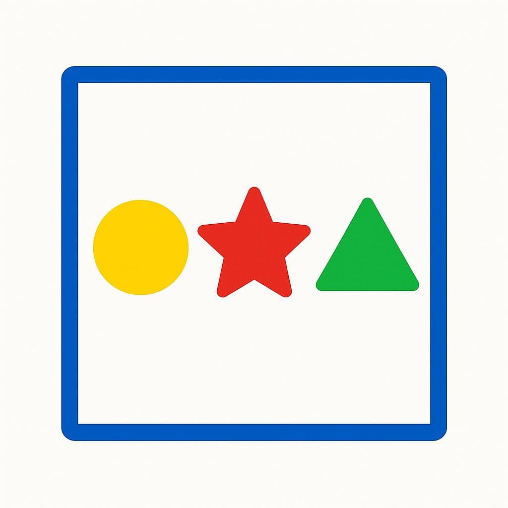 A large simple blue outline of a square box containing three distinct smaller shapes: a yellow circle, a red star, and a green triangle.