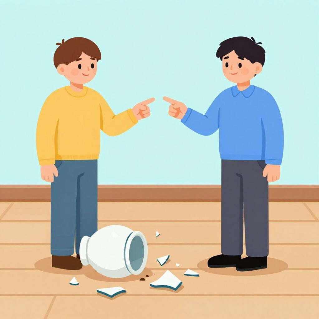 A person pointing a finger at another person who is standing next to a broken vase on the floor.