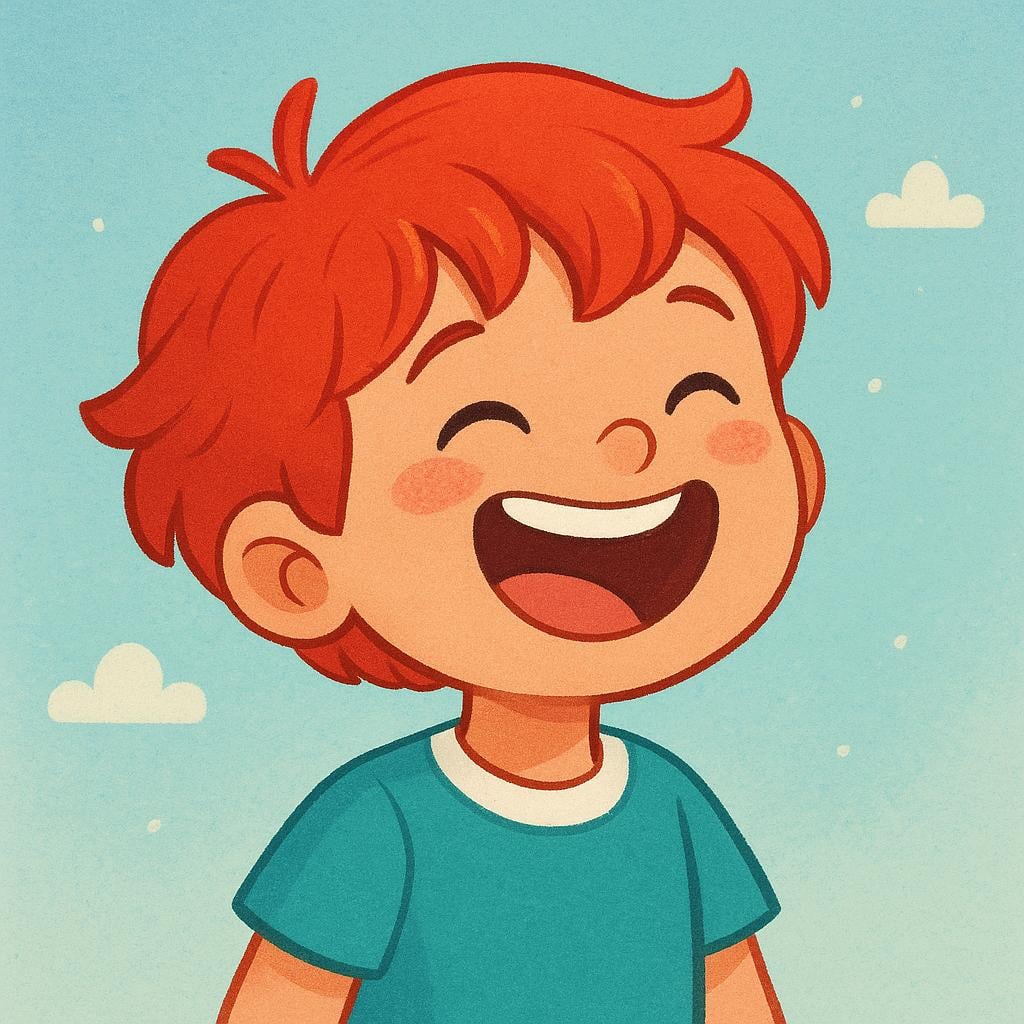 A happy child with rosy cheeks is laughing heartily, with wide open eyes and a joyful expression, illustrating the general action of laughter.