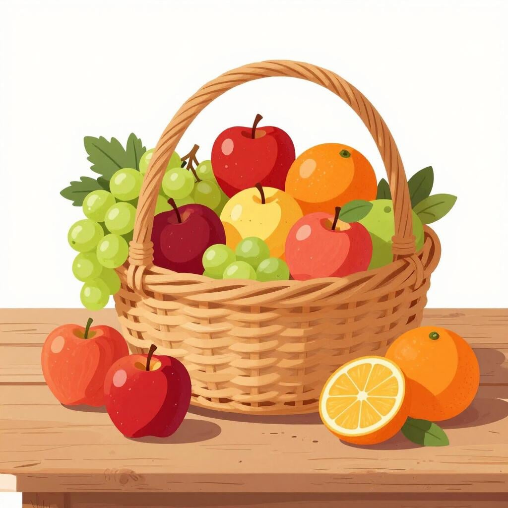 A wicker basket overflowing with a large variety of colorful fruits like apples, grapes, and oranges on a wooden table.