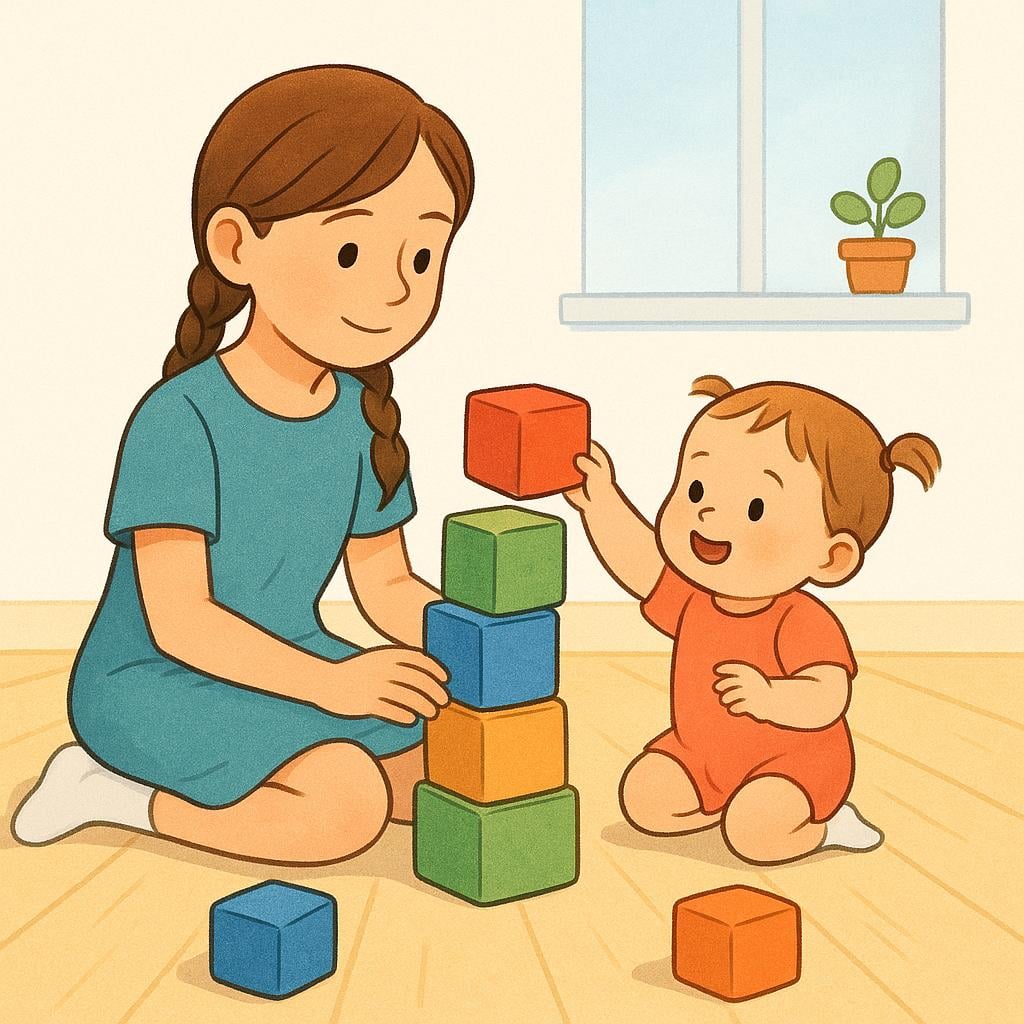 An older child, a girl with braided hair, is gently helping her much smaller toddler sister put together a brightly colored wooden block tower on the floor.
