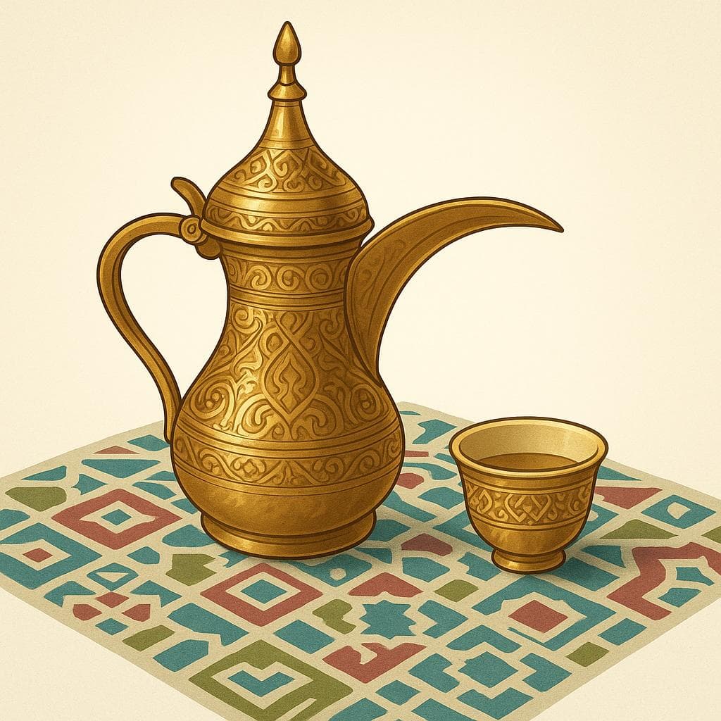 Una semplice e ornata caffettiera araba (dallah) in ottone accanto a una piccola tazza, che rappresenta la cultura araba.