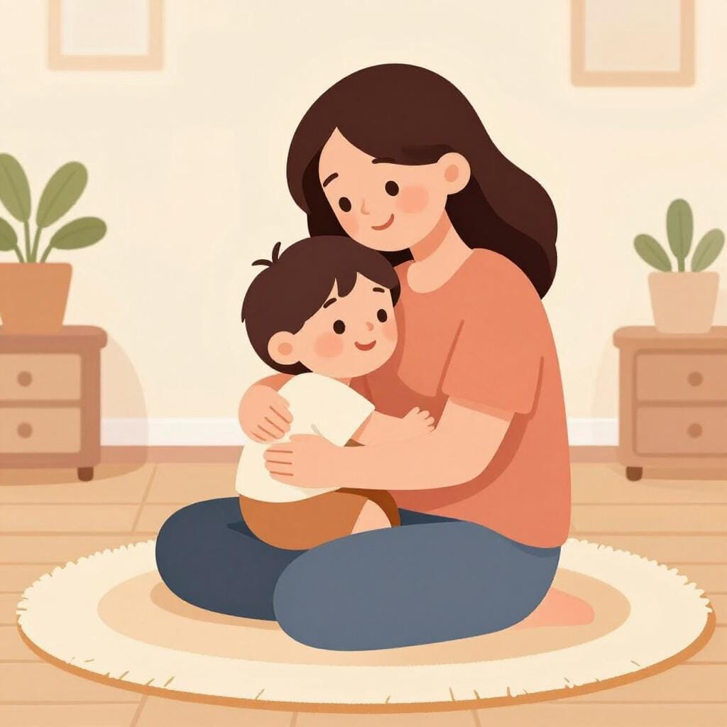 A mother smiling and hugging her young child warmly.