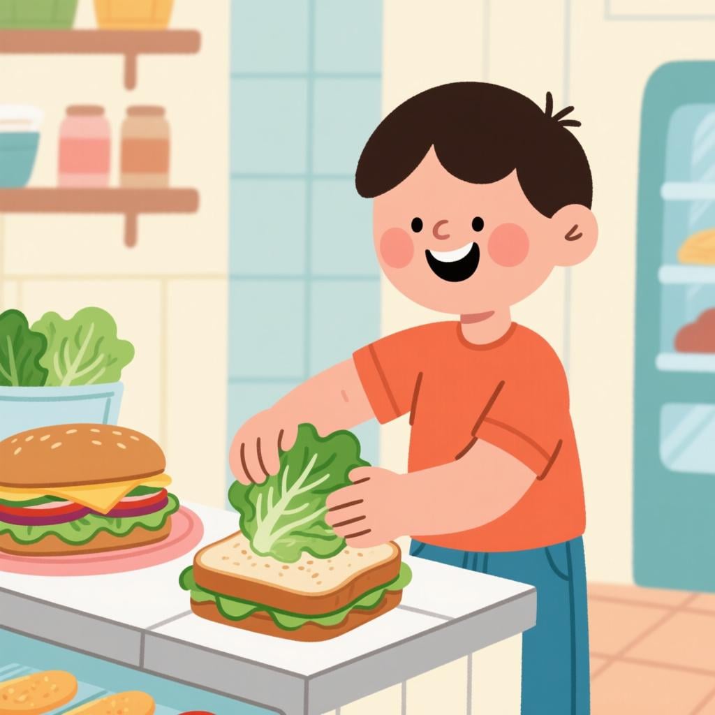 A person assembling a sandwich on a cutting board in a kitchen, symbolizing the act of making something.