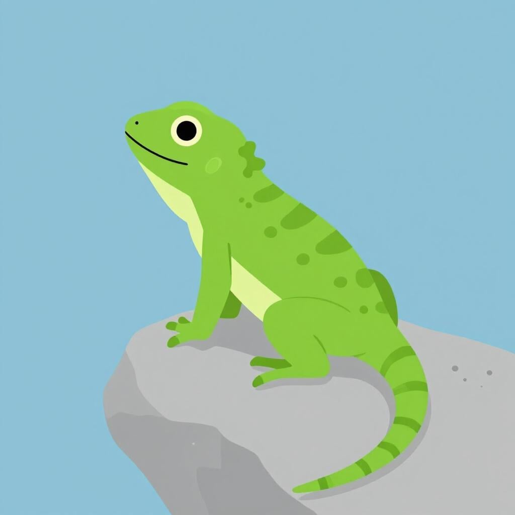 Een groene hagedis met een lange staart die op een gladde steen rust.