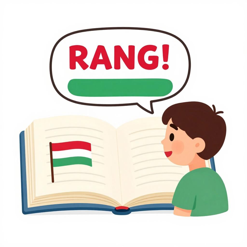 Un libro aperto che mostra una semplice illustrazione di una persona che parla con una nuvoletta contenente una piccola bandiera ungherese.