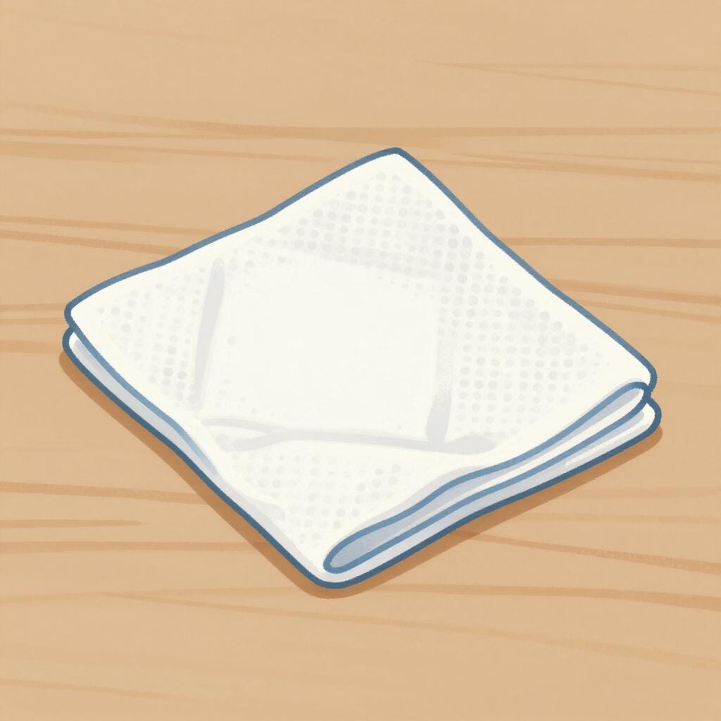 A worn, colorful cotton cloth sitting on a wooden table, used for cleaning.