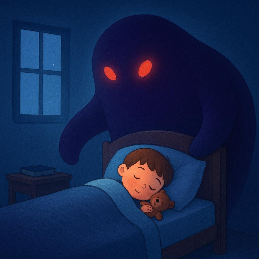 A simple illustration of a child sleeping soundly in a dark room. A large, stylized shadow monster with sharp features looms menacingly over the child's bed.