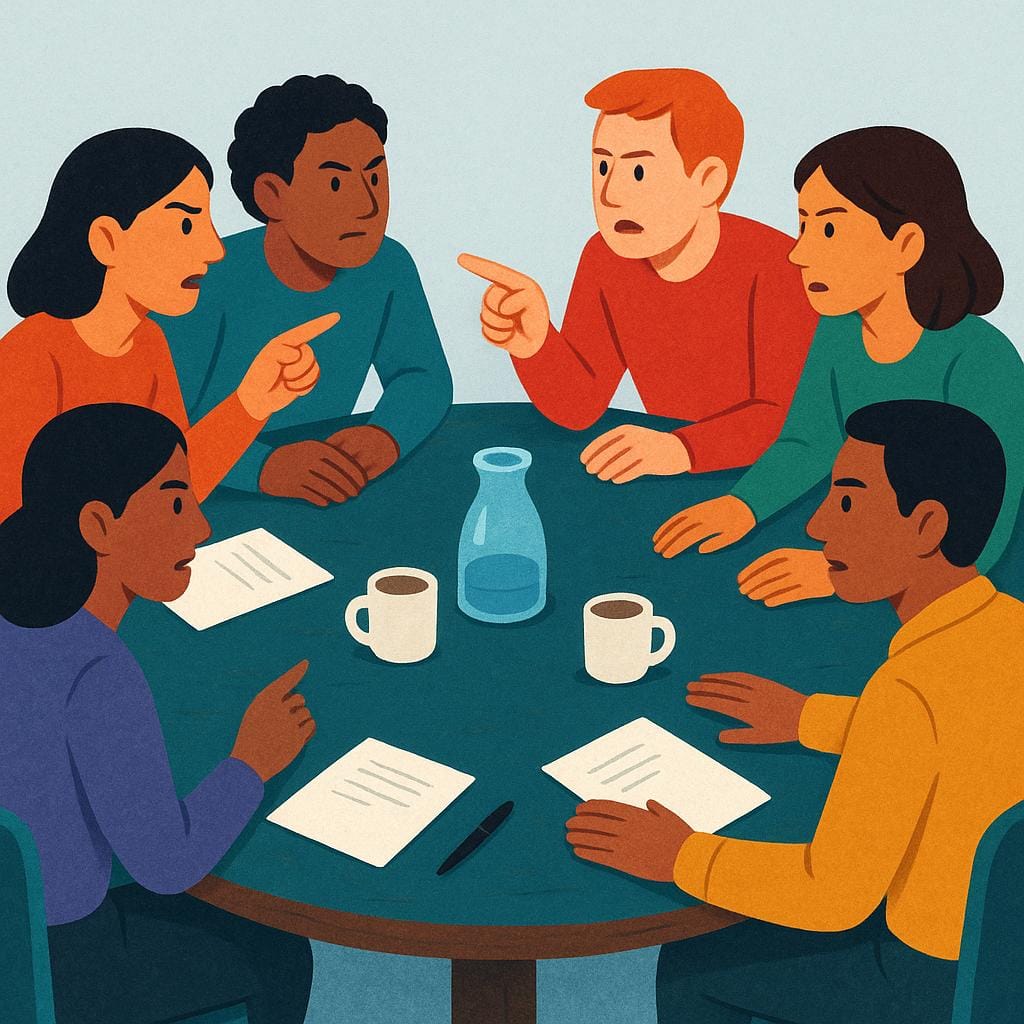 A storybook illustration showing two small groups of stylized figures sitting at a large, round table, intensely discussing or debating an issue.