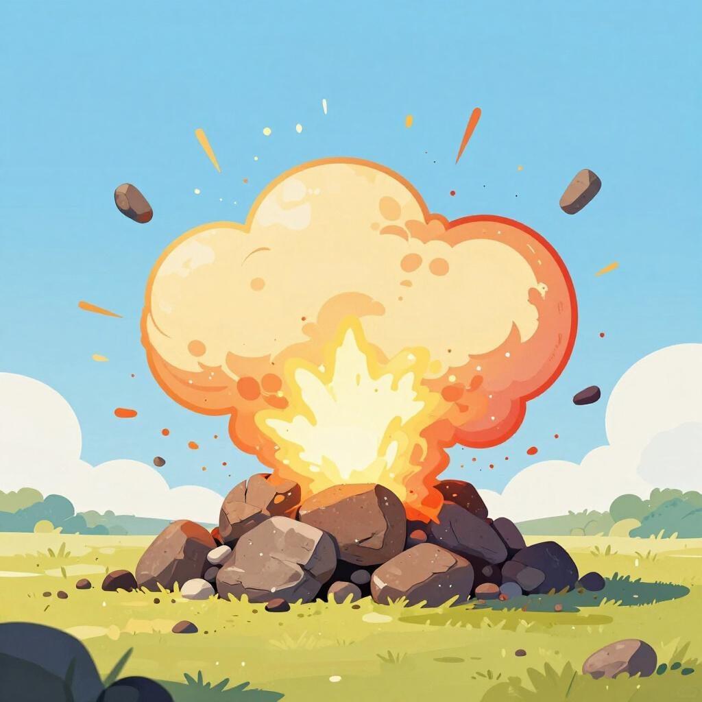 A safe distance view of a small mountain of rocks exploding into dust and fragments.