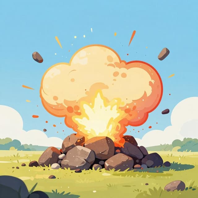 A safe distance view of a small mountain of rocks exploding into dust and fragments.