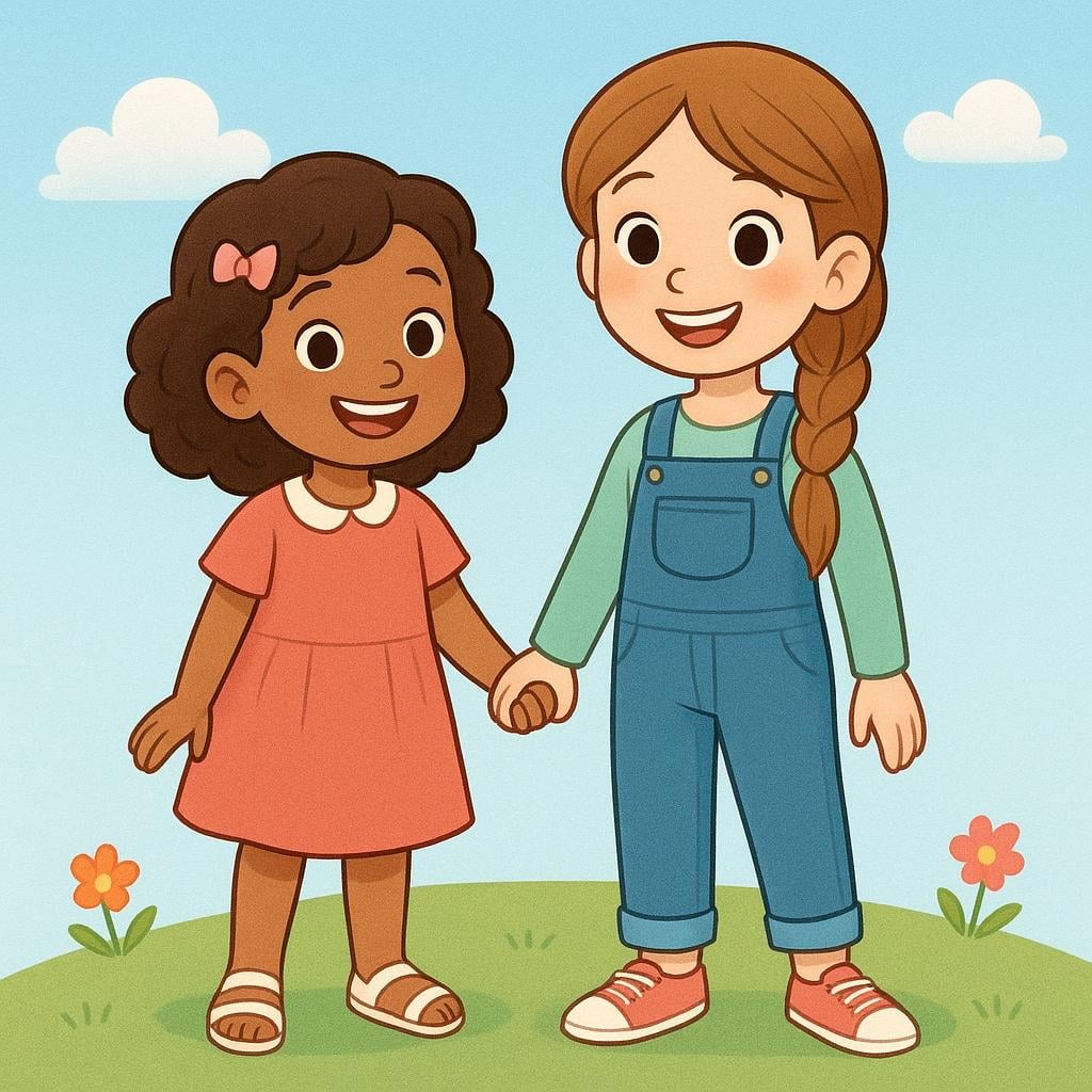 A storybook illustration showing two young girls standing together and smiling.
