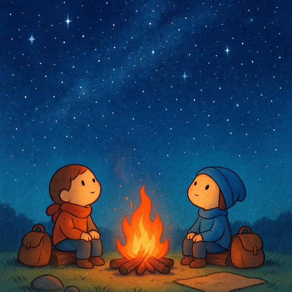Two small figures sitting around a warm campfire under a vast, starry night sky, suggesting a long duration of time spent together.