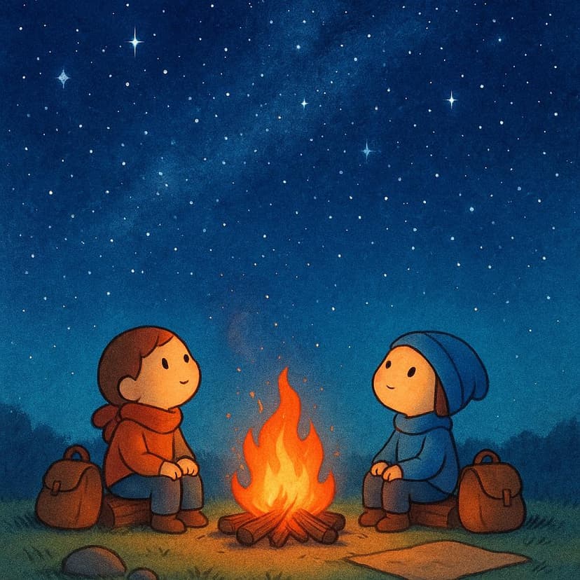 Zwei kleine Figuren sitzen unter einem warmen Lagerfeuer unter einem weiten, sternenklaren Nachthimmel, was auf eine lange gemeinsame Zeit hindeutet.