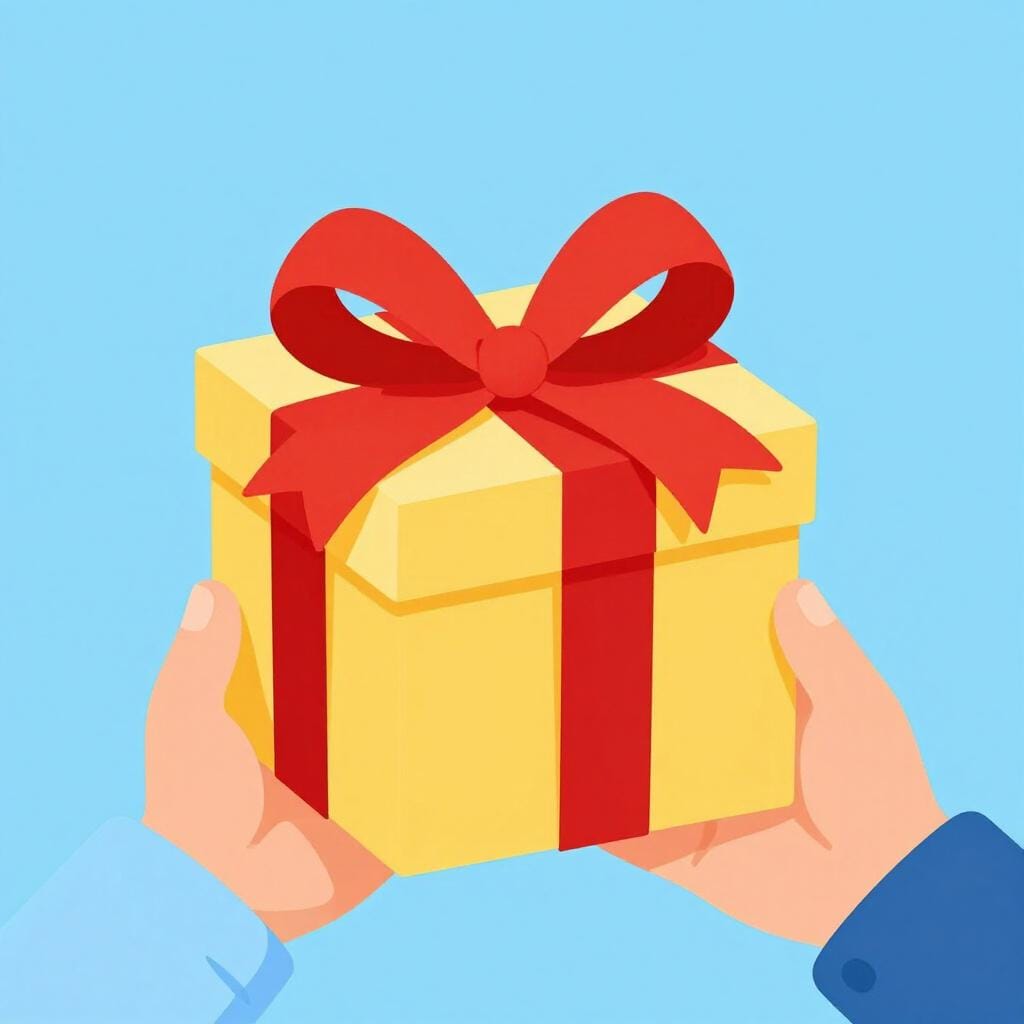 Eine Person hält eine Geschenkbox mit einer Schleife als Geste des Anbietens hoch.