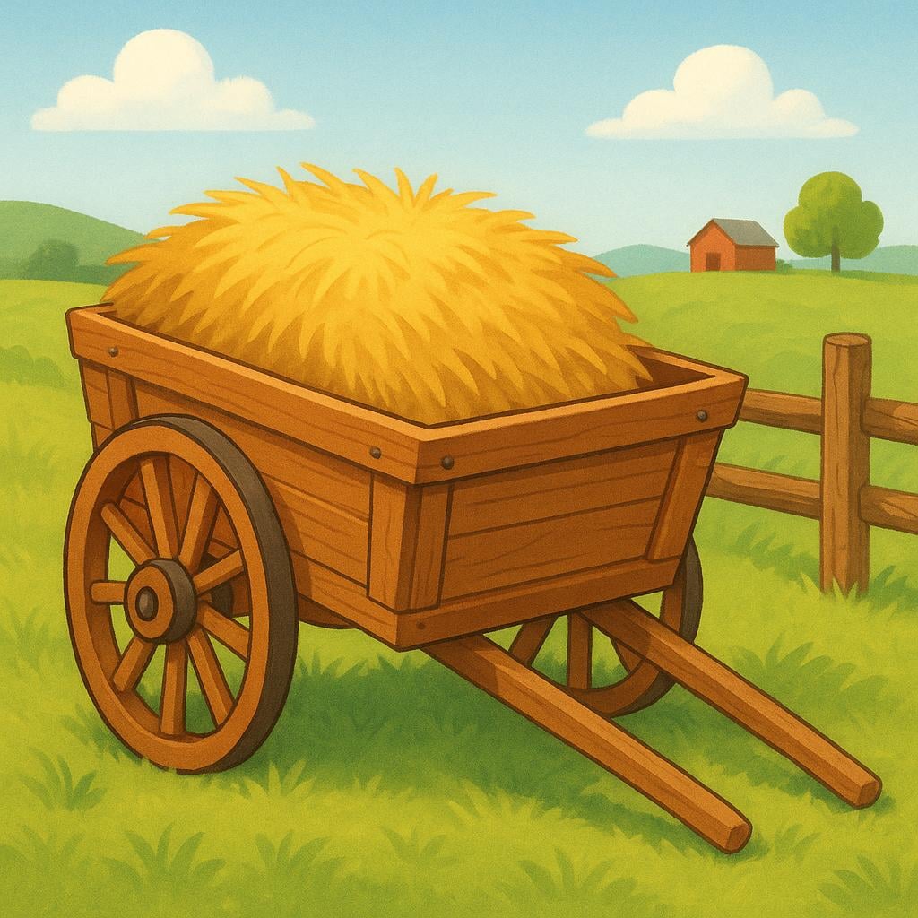 A simple wooden cart with two large wheels, loaded with hay or goods, resting on a dirt path.
