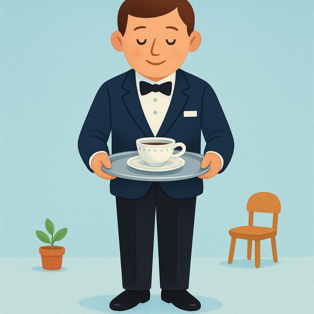 Une illustration colorée d'un homme vêtu d'un uniforme de domestique soigné et simple, portant respectueusement un plateau en argent avec une seule tasse de thé dessus dans une grande pièce simple.