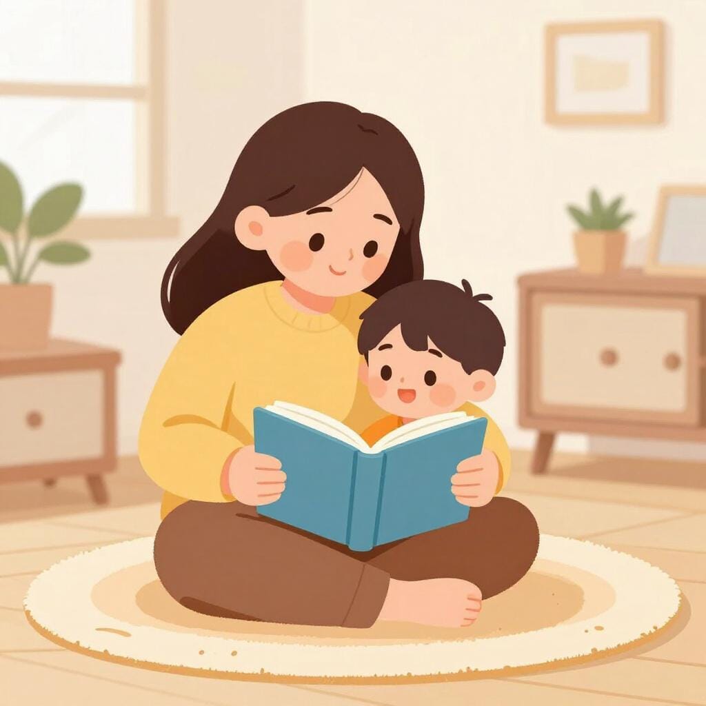 A kind adult sitting on a colorful rug reading a book to a young child in a cozy living room.