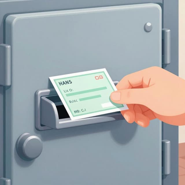 A hand sliding a paper check into a secure bank slot.