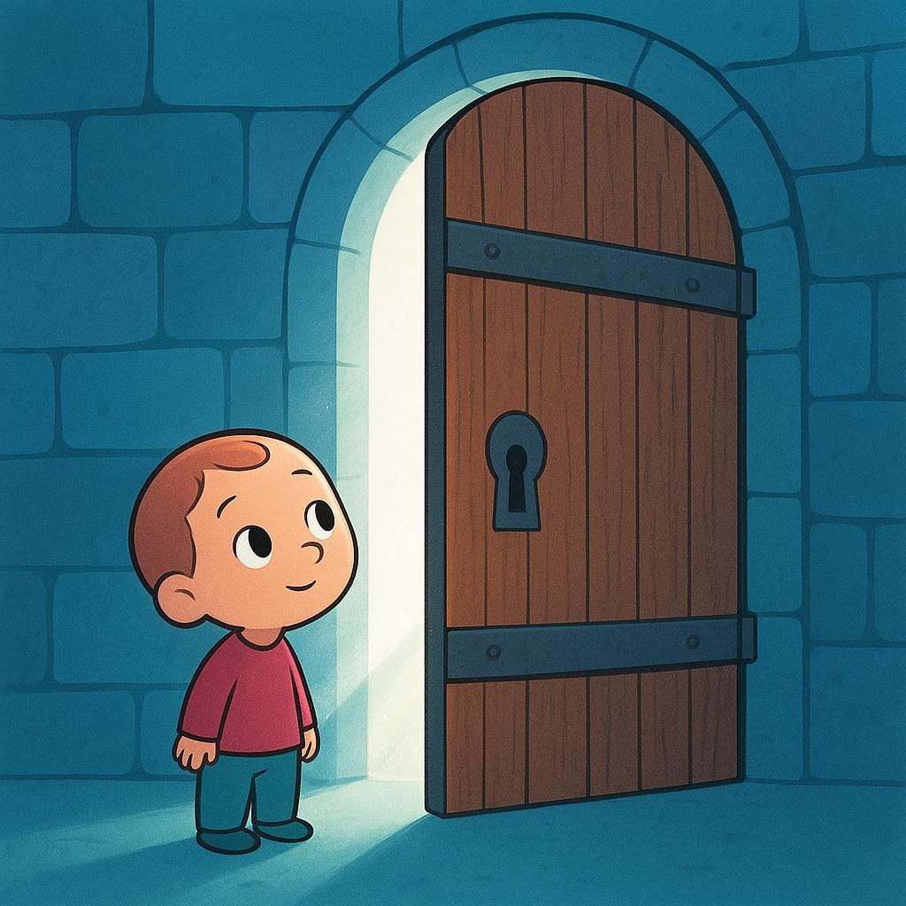 A small, simplified character standing next to a large, slightly ajar wooden door. A bright, mysterious light spills out from the opening, symbolizing hidden knowledge.