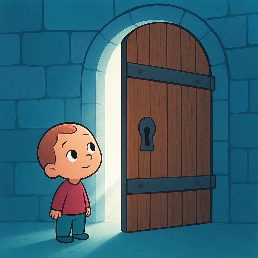 A small, simplified character standing next to a large, slightly ajar wooden door. A bright, mysterious light spills out from the opening, symbolizing hidden knowledge.