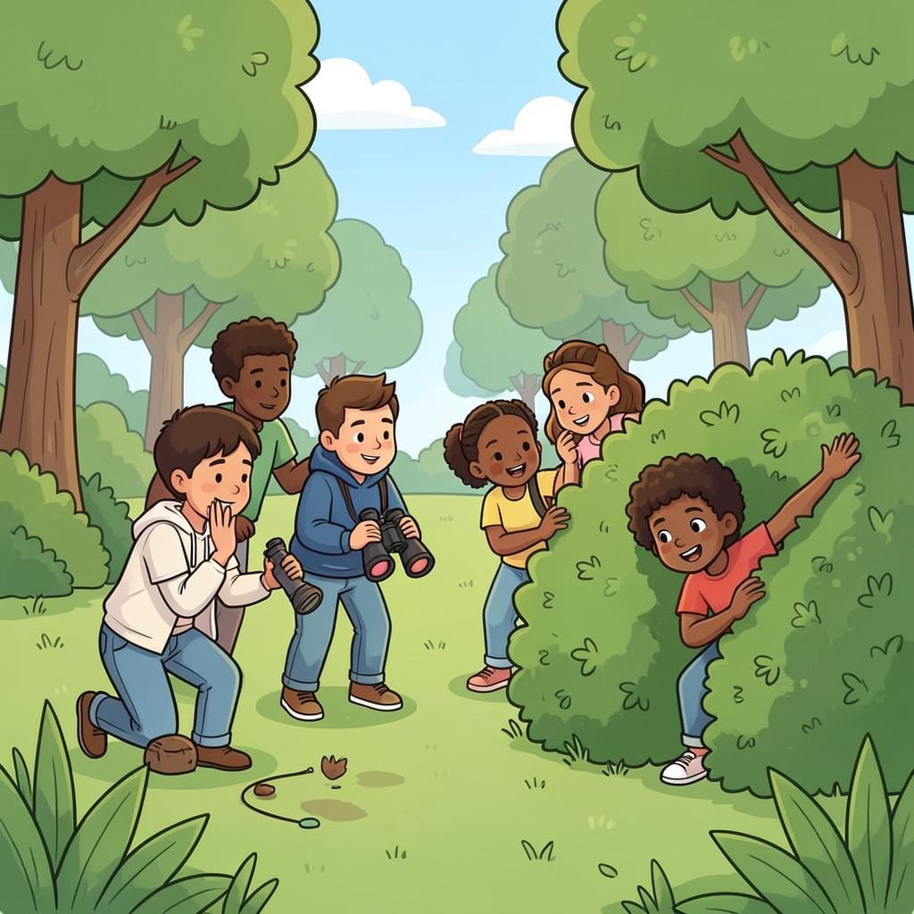 公園で3人の友人がいて、一人は双眼鏡で覗き、他の二人は背の高い草の中を一緒に探している様子。